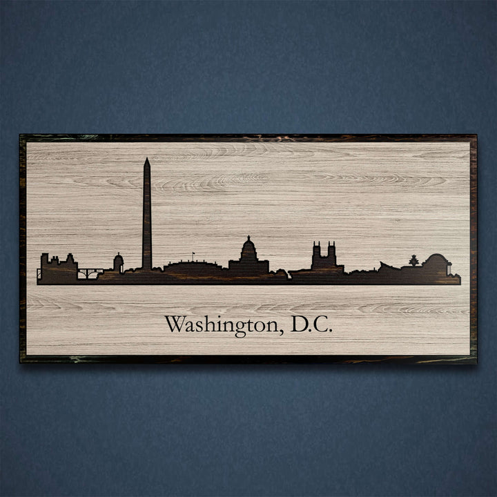 Washington DC city skyline wood all art. Custom carved into solid wood and features Howdy Owl&