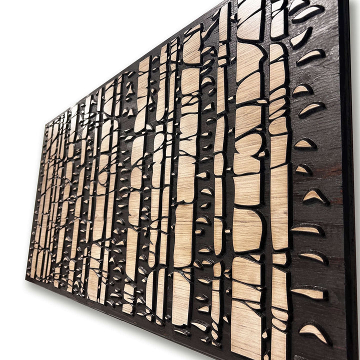 Custom birch tree scene that is zoomed in and carved into wood. Abstract wood wall art by Howdy Owl is offered in two different finish colors and 5 different sizes. The finish colors will be a distressed tan main board with a dark brown stained carving and edge. Or you can choose the distressed gray main board with a black stained carving and edge. This cabin &amp; nature art is neutral and go with most any rustic or modern decor.