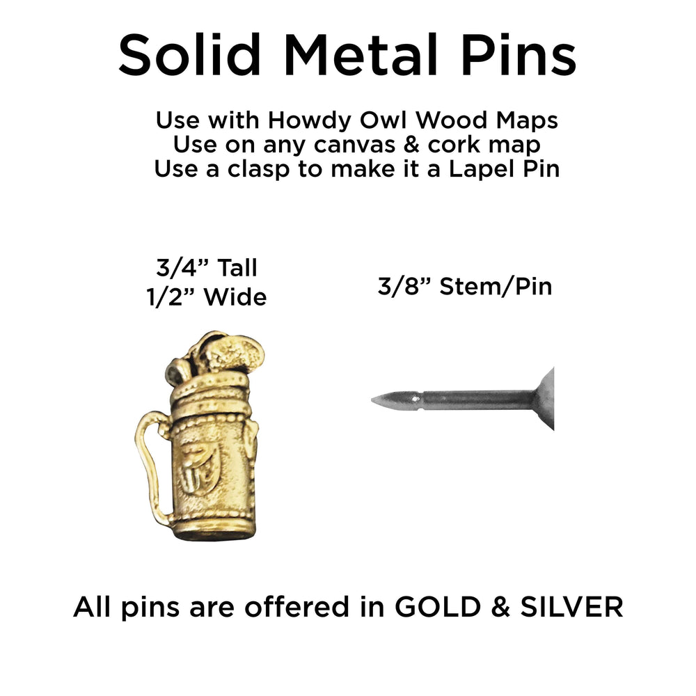 Golfer push pin for push pin travel maps. Solid metal and lead free, these push pins are excellent for marking travels on a push pin map, or use them as a Lapel pin.