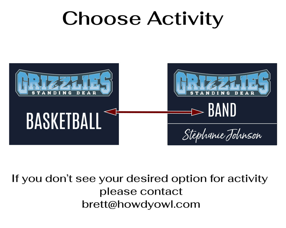 Personalized yard sign for Standing Bear Grizzlies sports team player. The sign features the team logo in the center, surrounded by a background in team colors.