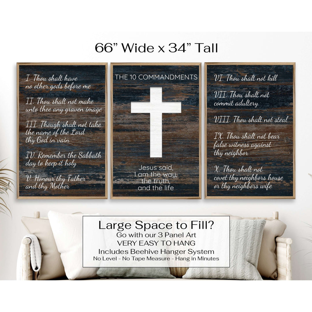 Ten commandments wood framed canvas wall art. This wall art features a thin, solid wood frame handcrafted at our shop located in Ashland, Nebraska. White distressed cross and text on a distressed blue woodgrain pattern background, on premium canvas with a high definition print.