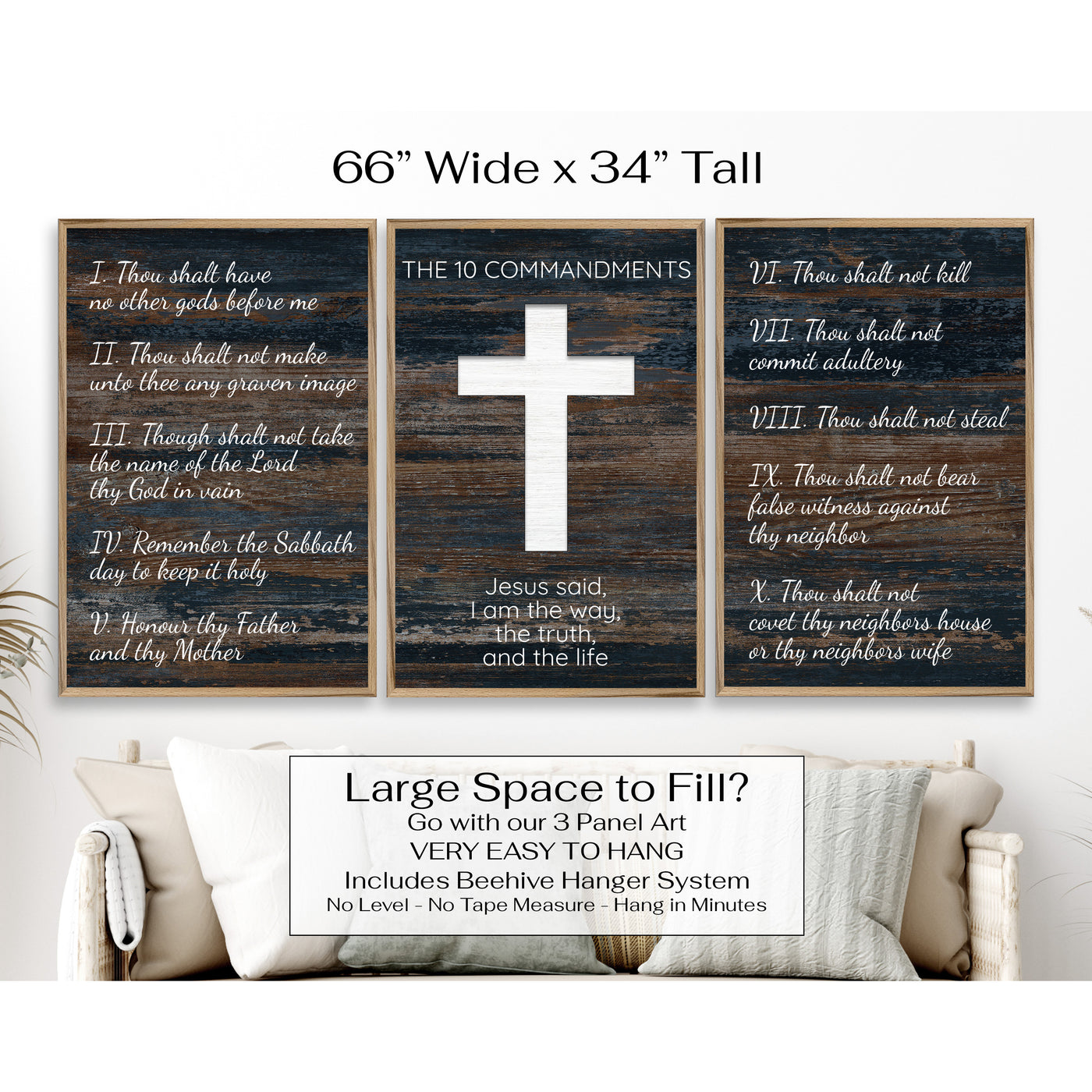 Ten commandments wood framed canvas wall art. This wall art features a thin, solid wood frame handcrafted at our shop located in Ashland, Nebraska. White distressed cross and text on a distressed blue woodgrain pattern background, on premium canvas with a high definition print.