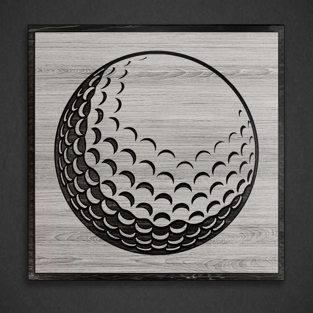 Golf ball wood wall art. Custom carved sports wall decor that is perfect for the basement, office, bar, basement, or man cave.