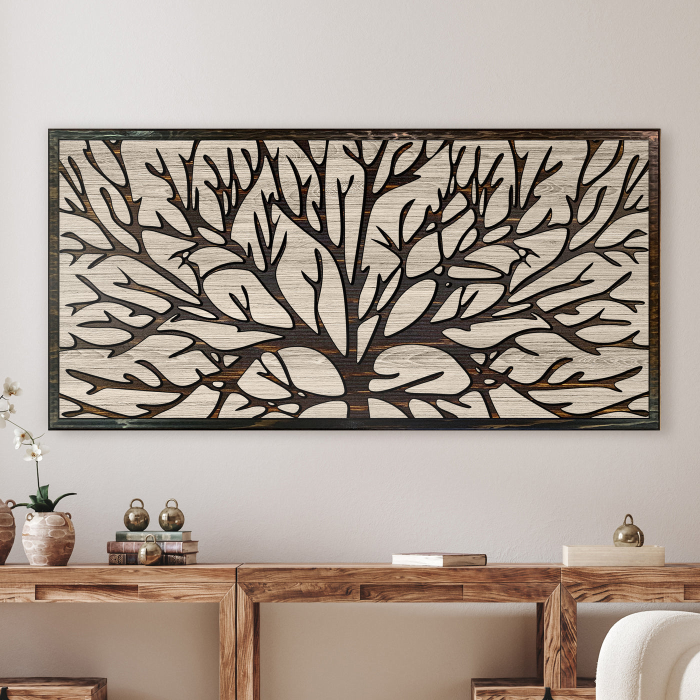 Custom carved abstract tree branch wood wall art that is handmade in the US