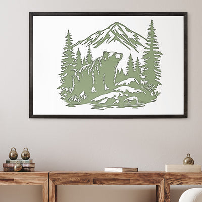 Grizzly bear wood framed canvas wall art. This wall art features a thin, solid wood frame handcrafted at our shop located in Ashland, Nebraska. Cream lime nature scene on a white background, on premium canvas with a high definition print.