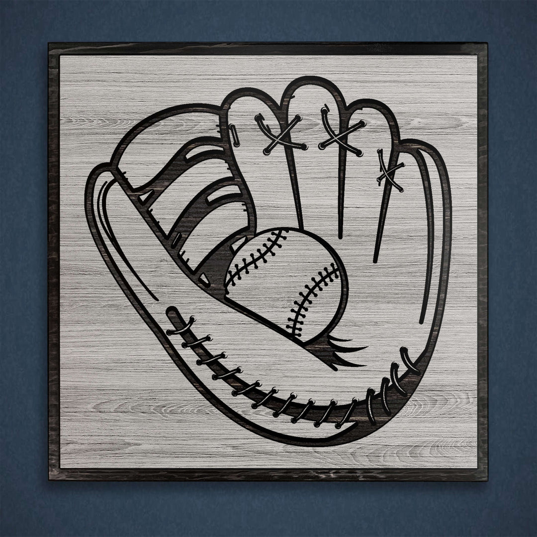 Baseball glove wood wall art. Custom carved sports wall decor that is perfect for the basement, office, bar, basement, or man cave.