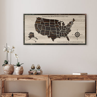 Custom wood carved us push pin map with compass