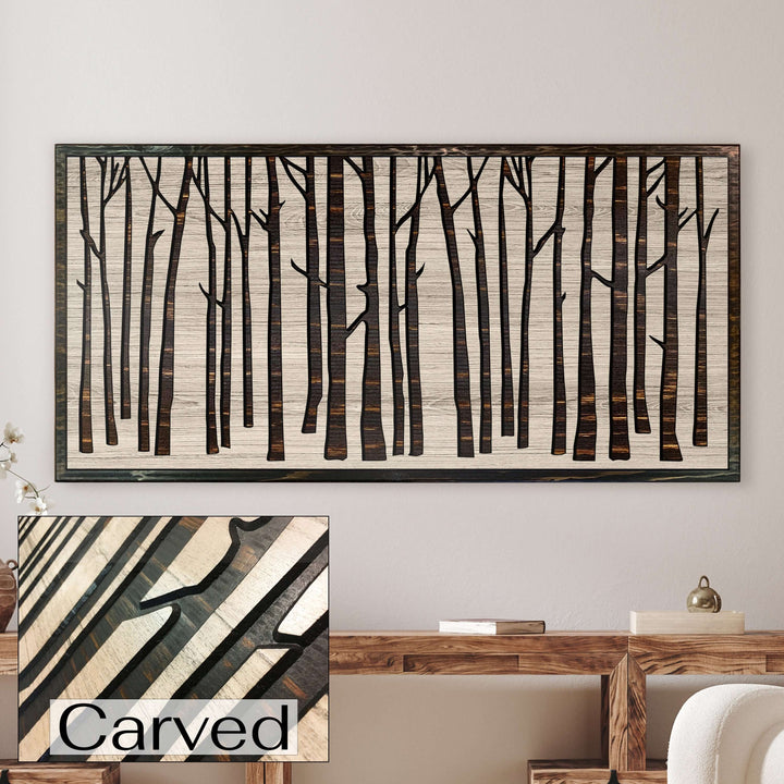 Custom birch tree wood wall art. Dimensional wood wall art handcrafted in the United States. Made from wood and expertly crafted with intricate details, these pieces bring the beauty of nature indoors. Whether you&