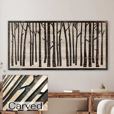 Custom birch tree wood wall art. Dimensional wood wall art handcrafted in the United States. Made from wood and expertly crafted with intricate details, these pieces bring the beauty of nature indoors. Whether you're a nature enthusiast or just looking to spruce up your living space, this unique wall art is sure to impress. The aspen & birch tree design adds a sense of serenity and tranquility to any room.