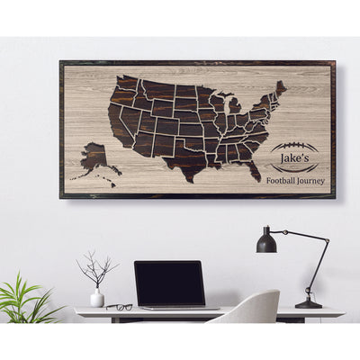 Custom wood carved football stadium travel map with Howdy Owl signature finish handcrafted in Ashland, Nebraska