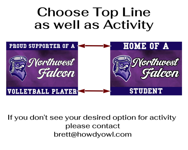 Personalized yard sign for Lincoln Northwest Falcons sports team player. The sign features the team logo in the center, surrounded by a background in team colors.