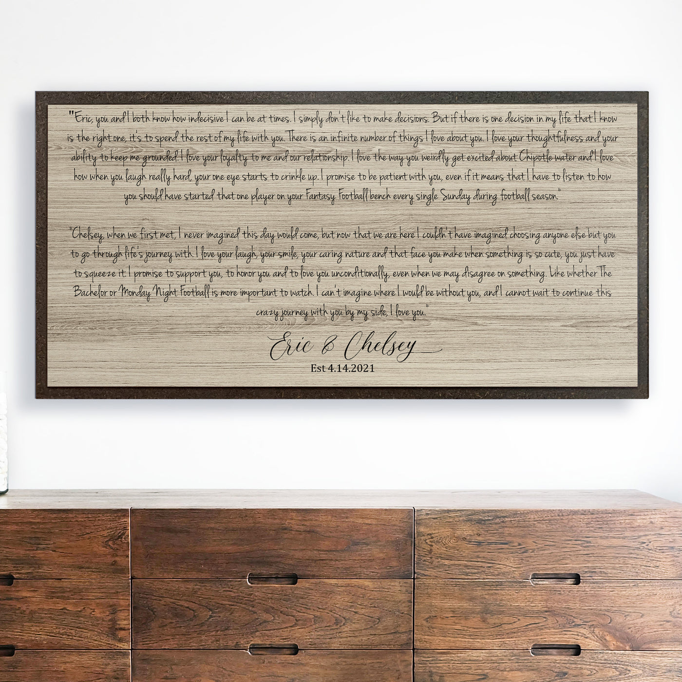 custom wedding vow sign featured on wood wall art with a wooden frame