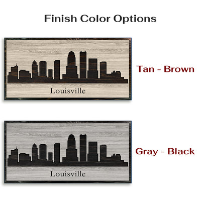 Louisville Kentucky city skyline wood all art. Custom carved into solid wood and features Howdy Owl's one-of-a-kind unique wood wall art finish. Personalized with your own text and a great gift idea for any occassion. Handcrafted in Ashland, Nebraska with shipping offered world-wide.