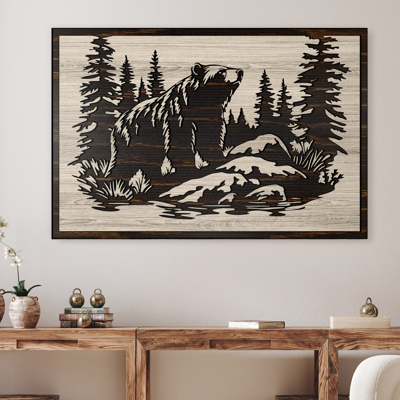 Grizzly bear carved wood wall art featuring Howdy Owl's unique, one of a kind wood finish. This wall art features a grizzly bear, pine tree forest, mountain nature scene that is carved into wood. Handcrafted at our shop located in Ashland, Nebraska our wood wall art can have a distressed tan main board with a dark brown stained carving and edge, or a distressed gray main board with a black stained carving and edge.