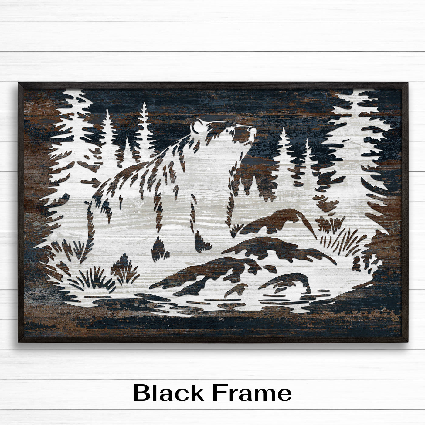 Grizzly bear wood framed canvas wall art. This wall art features a thin, solid wood frame handcrafted at our shop located in Ashland, Nebraska. Cream lime nature scene on a white background, on premium canvas with a high definition print.