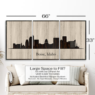 Boise, Idaho city skyline wood all art. Custom carved into solid wood and features Howdy Owl's one-of-a-kind unique wood wall art finish. Personalized with your own text and a great gift idea for any occassion. Handcrafted in Ashland, Nebraska with shipping offered world-wide.