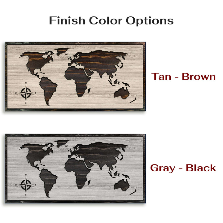 Custom carved world map wood wall art that can be personalized with your own text. Use push pins to mark your travels. Perfect for home or office wall decor or a unique gift for friends &amp; family.
