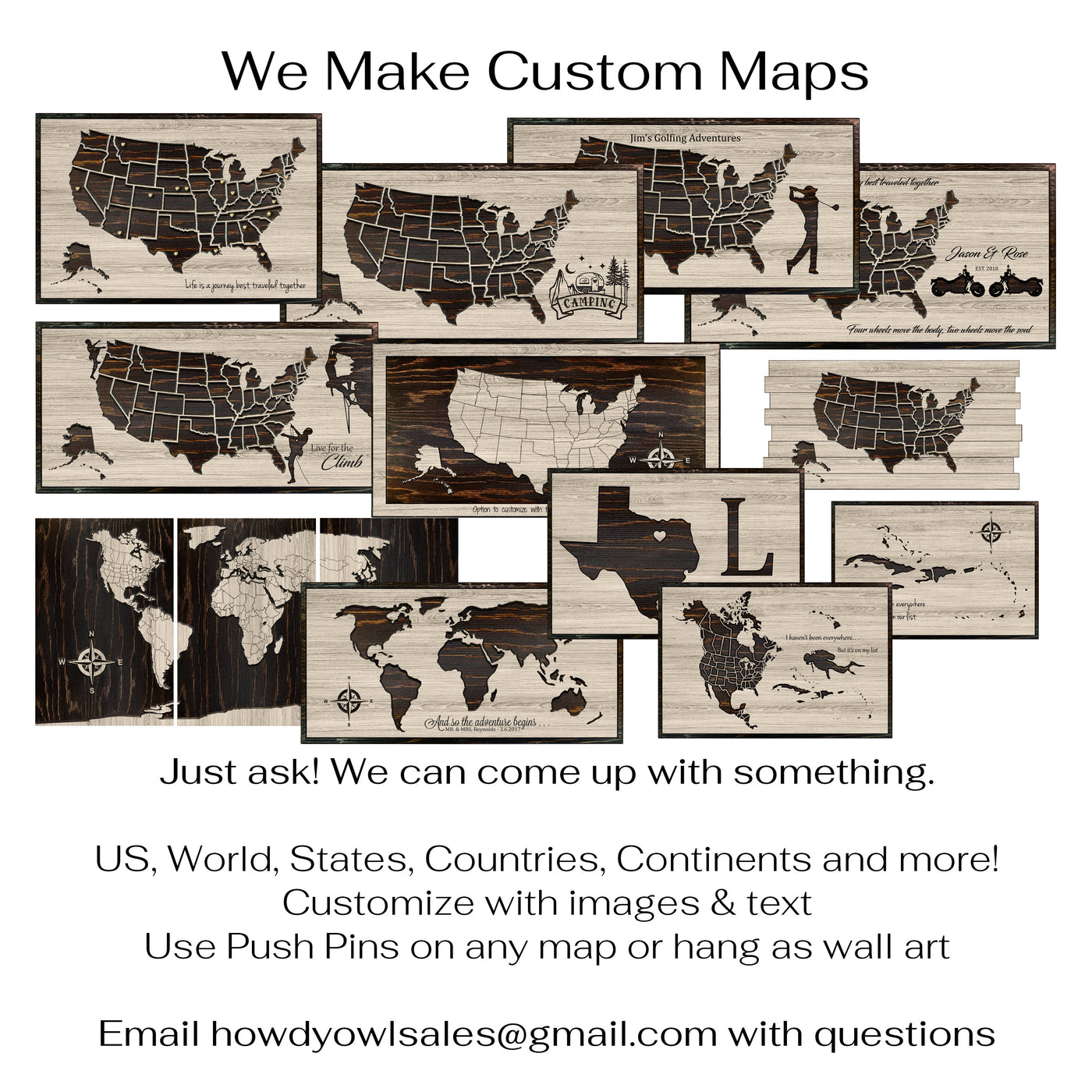 Custom US push pin map carved wood wall art with caribbean islands