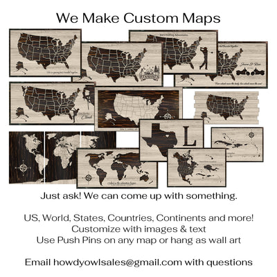 Custom US push pin map carved wood wall art with caribbean islands
