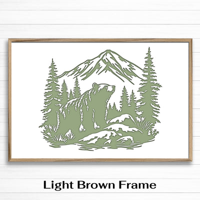 Grizzly bear wood framed canvas wall art. This wall art features a thin, solid wood frame handcrafted at our shop located in Ashland, Nebraska. Cream lime nature scene on a white background, on premium canvas with a high definition print.