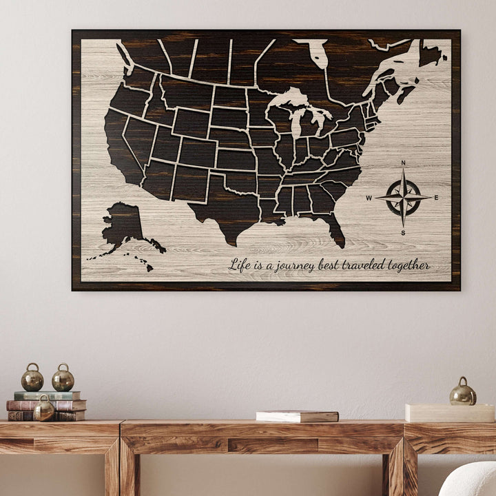 US &amp; Canada push pin map. Carved wooden map. Dimensional 3D wood wall art that is push pin friendly to mark travels. Excellent birthday or anniversary gift idea.