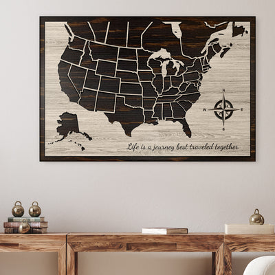 US & Canada push pin map. Carved wooden map. Dimensional 3D wood wall art that is push pin friendly to mark travels. Excellent birthday or anniversary gift idea.