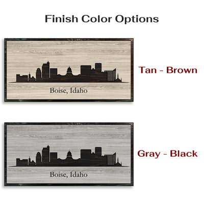 Boise, Idaho city skyline wood all art. Custom carved into solid wood and features Howdy Owl's one-of-a-kind unique wood wall art finish. Personalized with your own text and a great gift idea for any occassion. Handcrafted in Ashland, Nebraska with shipping offered world-wide.