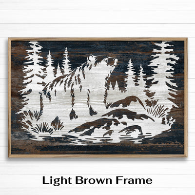 Grizzly bear wood framed canvas wall art. This wall art features a thin, solid wood frame handcrafted at our shop located in Ashland, Nebraska. Cream lime nature scene on a white background, on premium canvas with a high definition print.