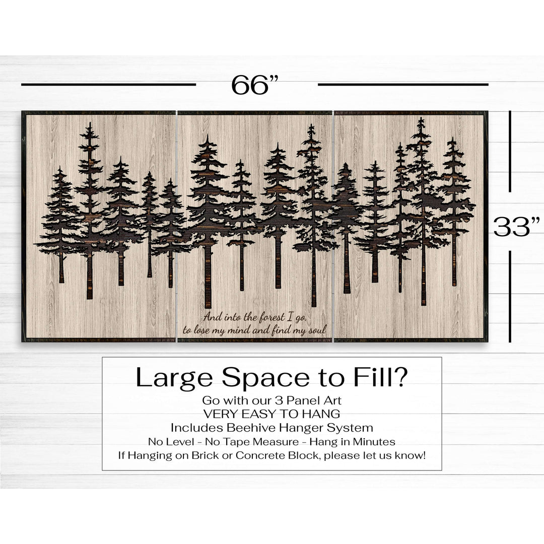 Pine tree forest wood wall art carved into solid wood. The stunning artwork features a carved pine tree scene nestled against a serene forest backdrop. That natural variations in the wood grain add a depth and character to the overall design, creating a warm and inviting atmosphere for any room.