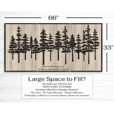 Pine tree forest wood wall art carved into solid wood. The stunning artwork features a carved pine tree scene nestled against a serene forest backdrop. That natural variations in the wood grain add a depth and character to the overall design, creating a warm and inviting atmosphere for any room.