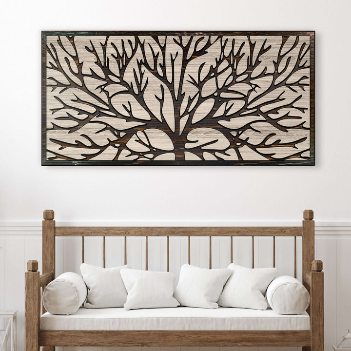 Custom carved abstract tree branch wood wall art that is handmade in the US