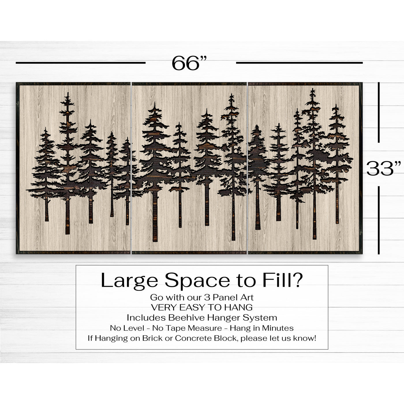 Pine tree forest wood wall art carved into solid wood. The stunning artwork features a carved pine tree scene nestled against a serene forest backdrop. That natural variations in the wood grain add a depth and character to the overall design, creating a warm and inviting atmosphere for any room.