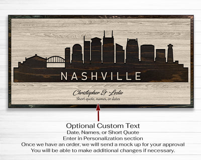 Nashville City Skyline Custom Wood Wall Art Carved with CNC Machine. Tennessee wall decor for any room and is a unique gift idea for wedding anniversary, birthday, and other life events.