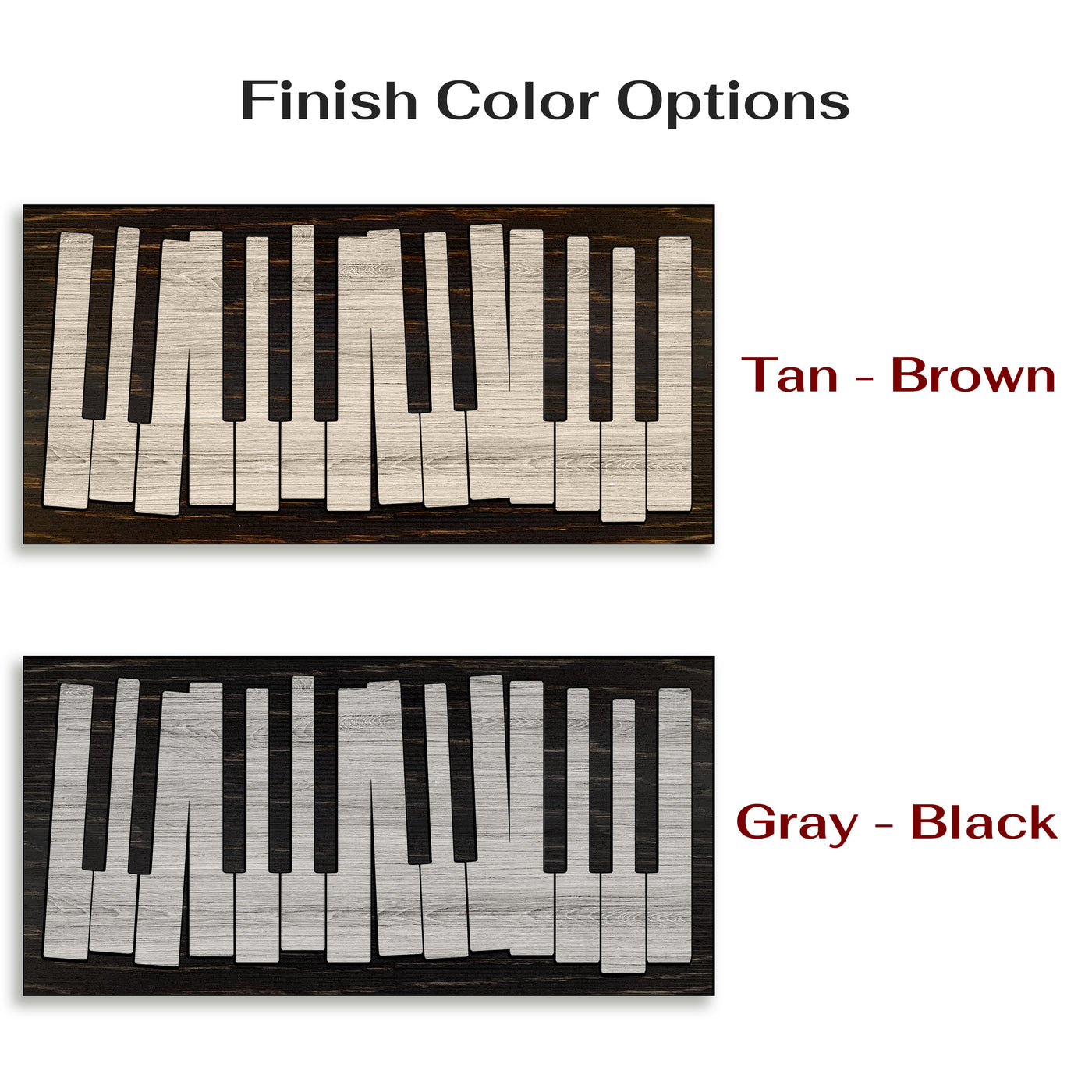 Two wall art pieces with piano keyboard design, labeled 'Tan - Brown' and 'Gray - Black'.