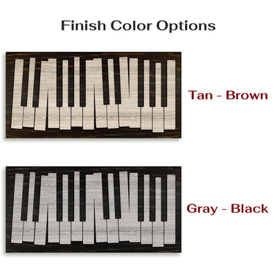 Two wall art pieces with piano keyboard design, labeled 'Tan - Brown' and 'Gray - Black'.