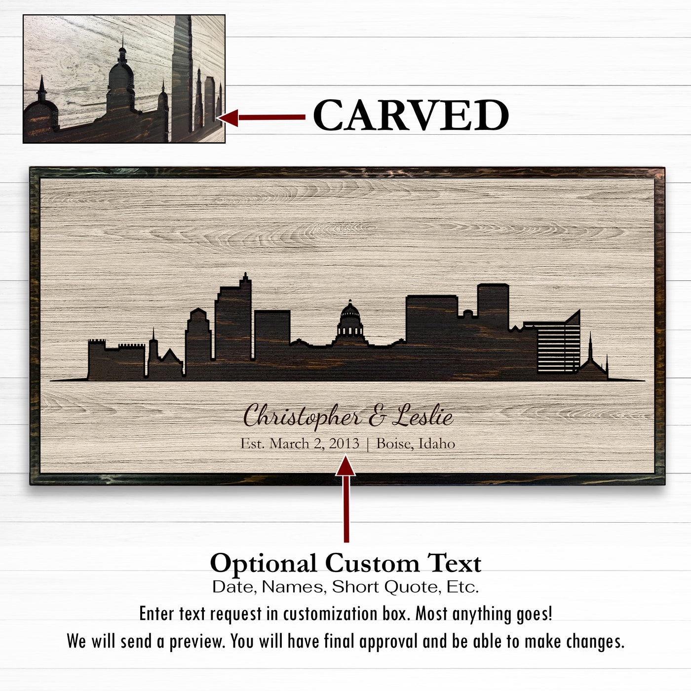 Boise, Idaho city skyline wood all art. Custom carved into solid wood and features Howdy Owl's one-of-a-kind unique wood wall art finish. Personalized with your own text and a great gift idea for any occassion. Handcrafted in Ashland, Nebraska with shipping offered world-wide.