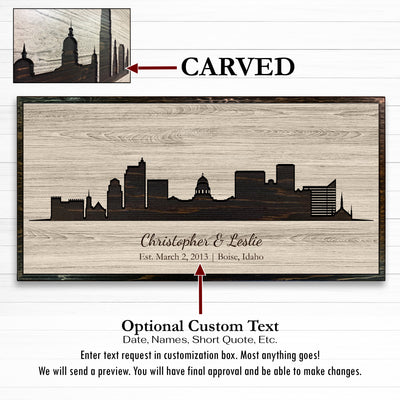 Boise, Idaho city skyline wood all art. Custom carved into solid wood and features Howdy Owl's one-of-a-kind unique wood wall art finish. Personalized with your own text and a great gift idea for any occassion. Handcrafted in Ashland, Nebraska with shipping offered world-wide.