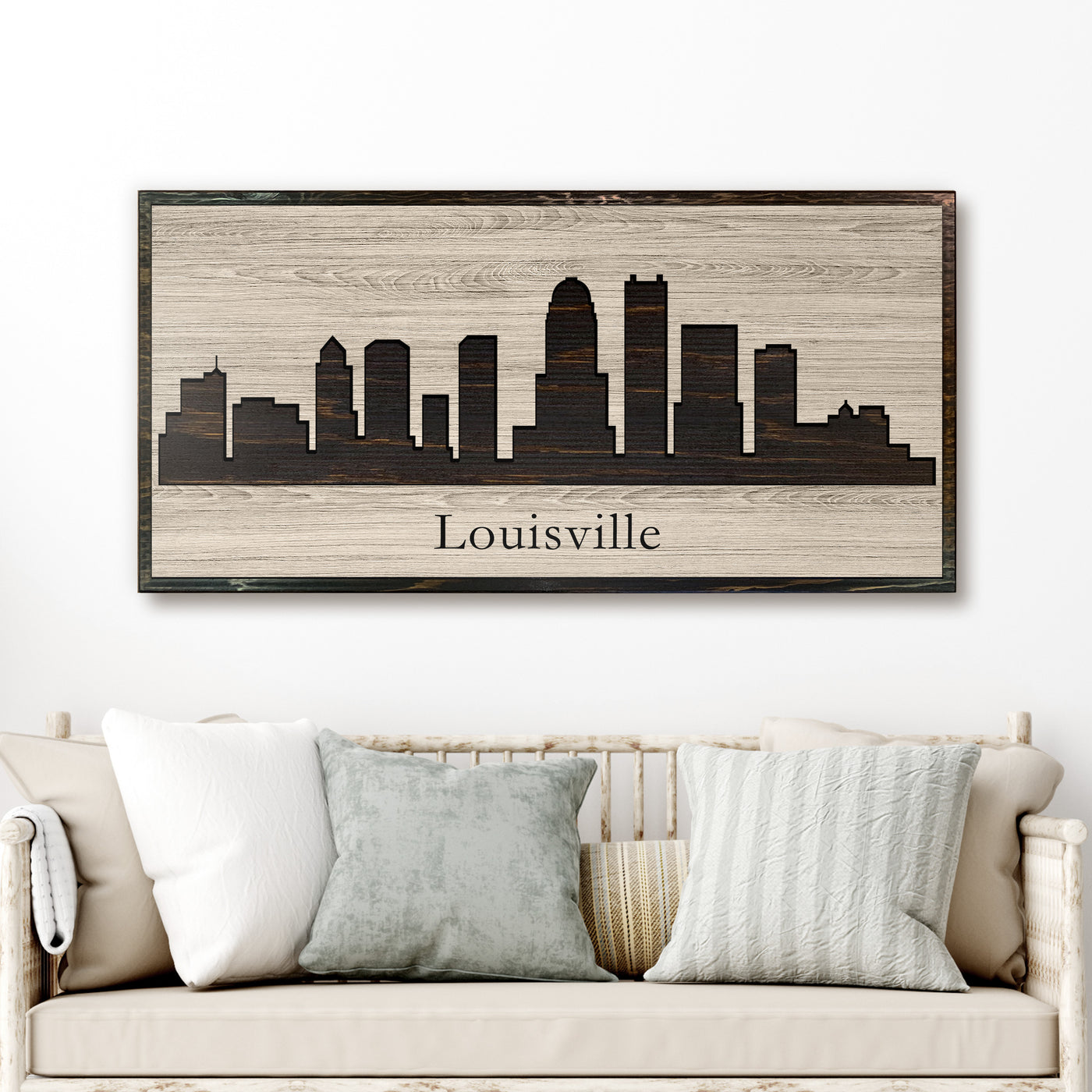 Louisville Kentucky city skyline wood all art. Custom carved into solid wood and features Howdy Owl's one-of-a-kind unique wood wall art finish. Personalized with your own text and a great gift idea for any occassion. Handcrafted in Ashland, Nebraska with shipping offered world-wide.