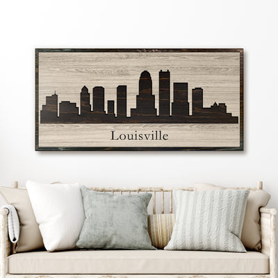 Louisville Kentucky city skyline wood all art. Custom carved into solid wood and features Howdy Owl's one-of-a-kind unique wood wall art finish. Personalized with your own text and a great gift idea for any occassion. Handcrafted in Ashland, Nebraska with shipping offered world-wide.