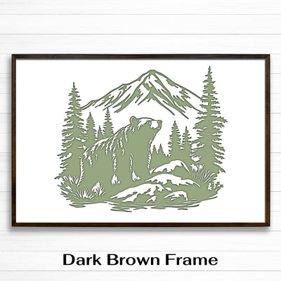 Grizzly bear wood framed canvas wall art. This wall art features a thin, solid wood frame handcrafted at our shop located in Ashland, Nebraska. Cream lime nature scene on a white background, on premium canvas with a high definition print.