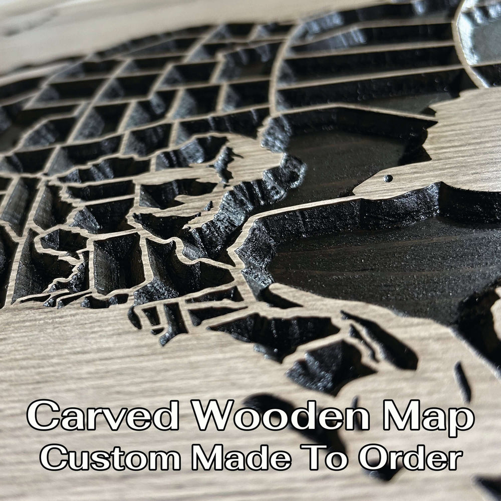 custom wood carved north america push pin map that can be personalized with text