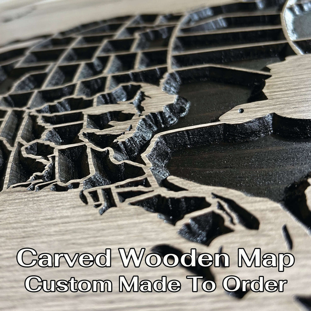 custom wood carved north america push pin map that can be personalized with text