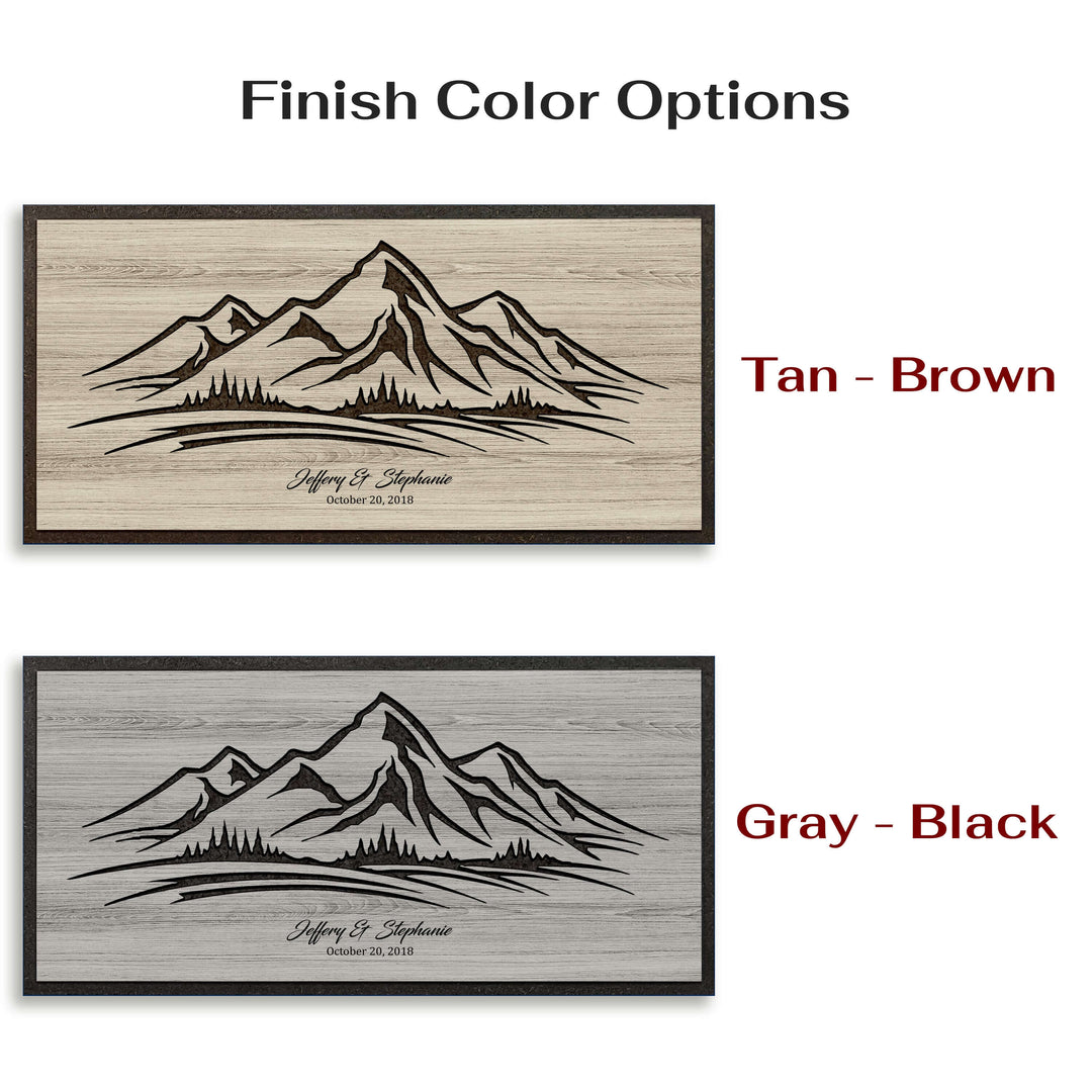 Mountain scene wood wall art. Carved into wood, cutstom made, and personalized with your own text. Nature and cabin home wall decor for your home or office.