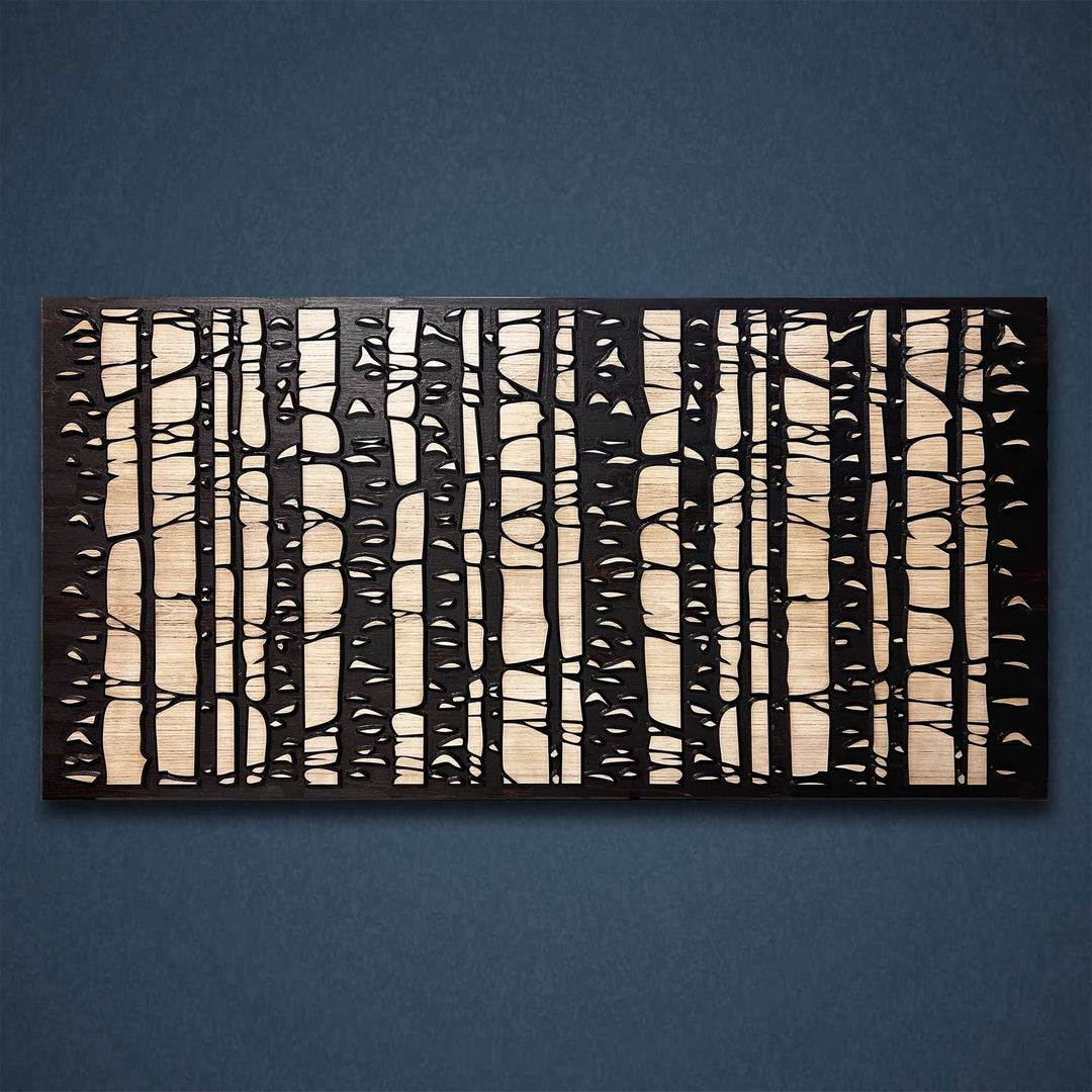 Custom birch tree scene that is zoomed in and carved into wood. Abstract wood wall art by Howdy Owl is offered in two different finish colors and 5 different sizes. The finish colors will be a distressed tan main board with a dark brown stained carving and edge. Or you can choose the distressed gray main board with a black stained carving and edge. This cabin &amp; nature art is neutral and go with most any rustic or modern decor.