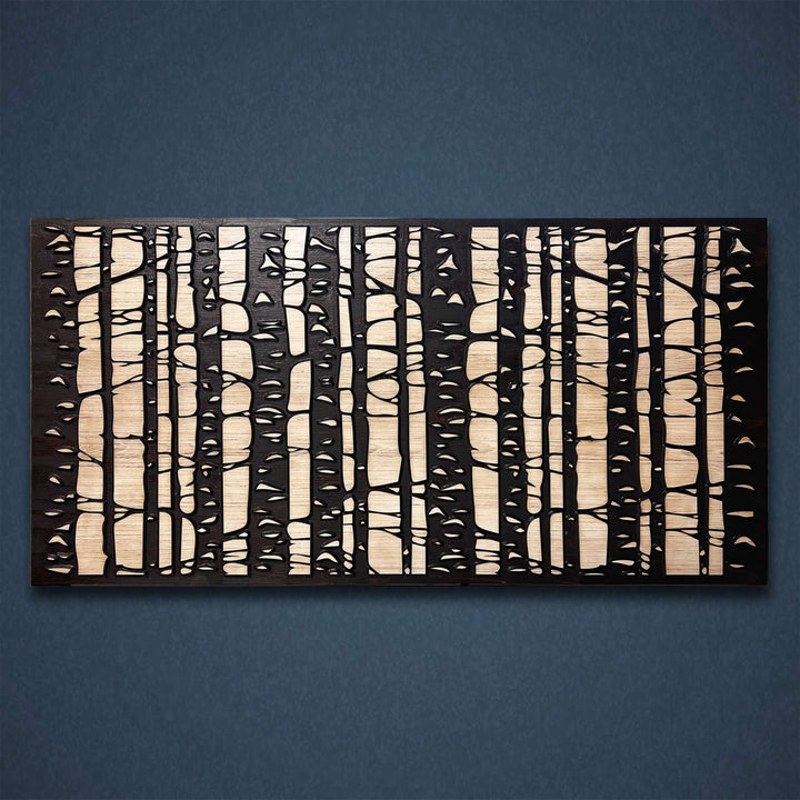 Custom birch tree scene that is zoomed in and carved into wood. Abstract wood wall art by Howdy Owl is offered in two different finish colors and 5 different sizes. The finish colors will be a distressed tan main board with a dark brown stained carving and edge. Or you can choose the distressed gray main board with a black stained carving and edge. This cabin &amp; nature art is neutral and go with most any rustic or modern decor.