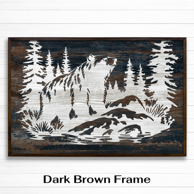 Grizzly bear wood framed canvas wall art. This wall art features a thin, solid wood frame handcrafted at our shop located in Ashland, Nebraska. Cream lime nature scene on a white background, on premium canvas with a high definition print.