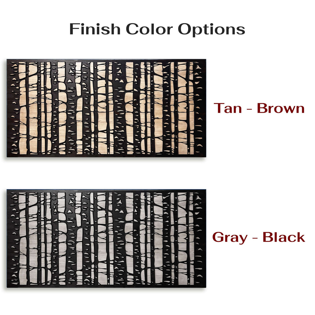 Custom birch tree scene that is zoomed in and carved into wood. Abstract wood wall art by Howdy Owl is offered in two different finish colors and 5 different sizes. The finish colors will be a distressed tan main board with a dark brown stained carving and edge. Or you can choose the distressed gray main board with a black stained carving and edge. This cabin &amp; nature art is neutral and go with most any rustic or modern decor.