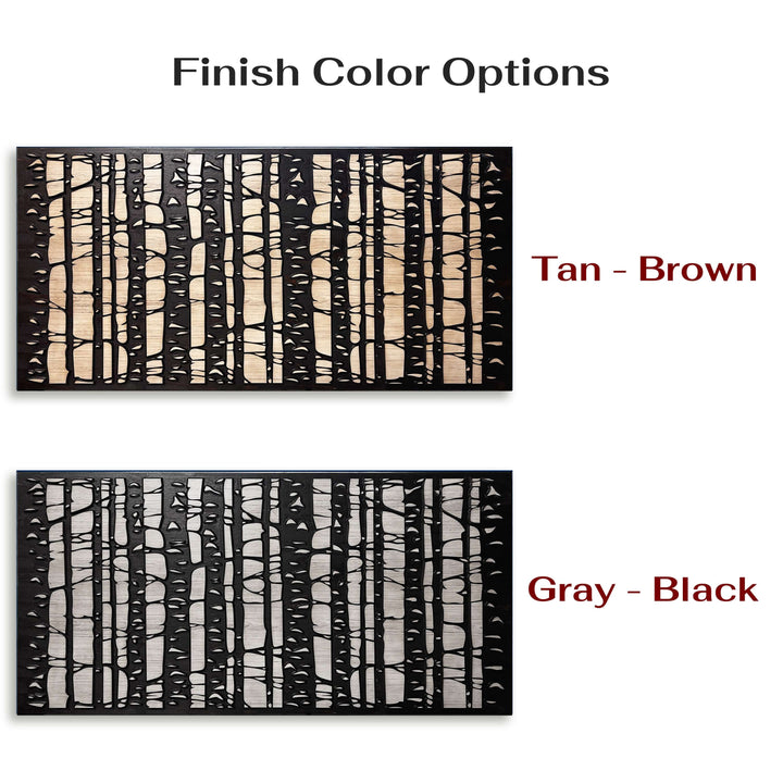 Custom birch tree scene that is zoomed in and carved into wood. Abstract wood wall art by Howdy Owl is offered in two different finish colors and 5 different sizes. The finish colors will be a distressed tan main board with a dark brown stained carving and edge. Or you can choose the distressed gray main board with a black stained carving and edge. This cabin &amp; nature art is neutral and go with most any rustic or modern decor.