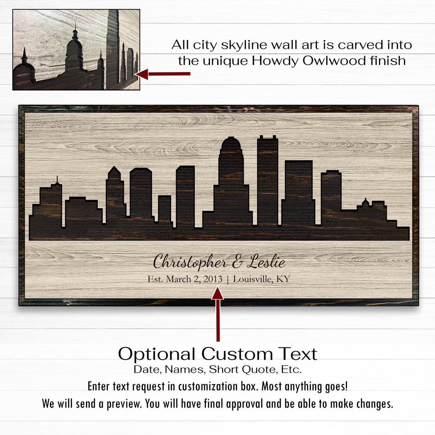 Louisville Kentucky city skyline wood all art. Custom carved into solid wood and features Howdy Owl's one-of-a-kind unique wood wall art finish. Personalized with your own text and a great gift idea for any occassion. Handcrafted in Ashland, Nebraska with shipping offered world-wide.