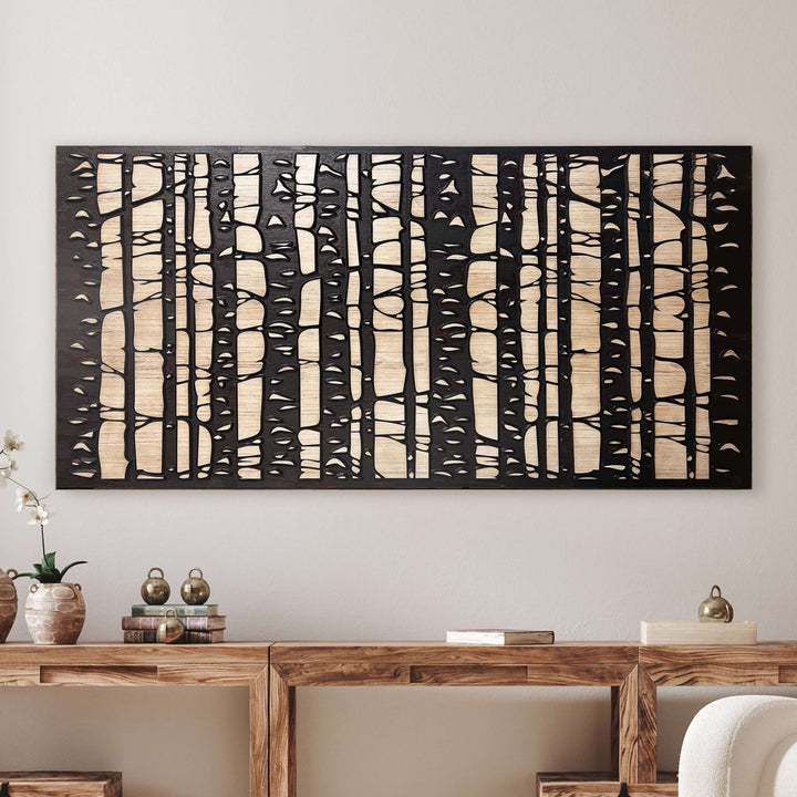Custom birch tree scene that is zoomed in and carved into wood. Abstract wood wall art by Howdy Owl is offered in two different finish colors and 5 different sizes. The finish colors will be a distressed tan main board with a dark brown stained carving and edge. Or you can choose the distressed gray main board with a black stained carving and edge. This cabin &amp; nature art is neutral and go with most any rustic or modern decor.